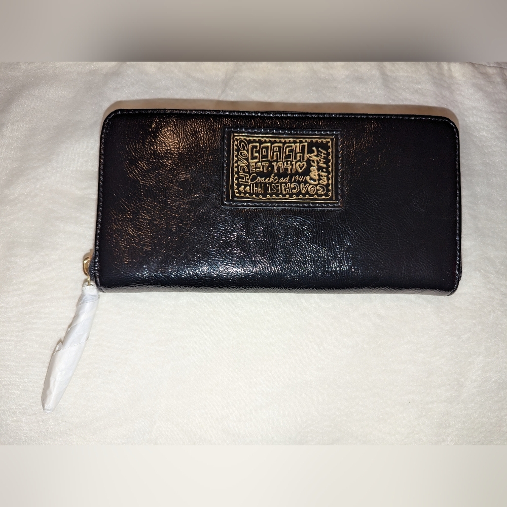 Coach Poppy Daisy Liquid Glass Zip Around Continental Wallet Black Gold NWT